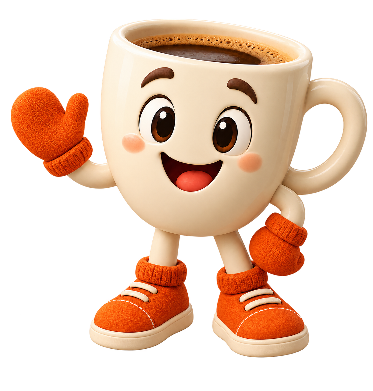 Joe, a cheerful coffee cup character, waving